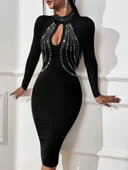 MDB Kadın Uzun Kollu Balıkçı Yaka Taşlı Damla Detay Midi Ithal Krep Elbise thumbnail 2