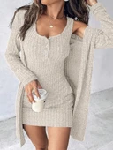 MDB Kadın Askılı Yuvarlak Yakalı önü Düğmeli şardonlu Kaşkorse Mini Elbise Ve Kısa Ceket thumbnail 1