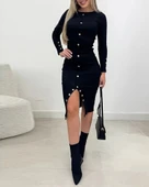 MDB Kadın Uzun Kollu Yırtmaçlı Düğme Detaylı Midi Kaşkorse Elbise thumbnail 2