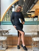 MDB Kadın Uzun Kollu Düşük Omuz Yırtmaç Detay Kaşkorse Etek Bluz Ikili Takım thumbnail 4