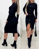 MDB Kadın Uzun Kollu Yırtmaçlı Düğme Detaylı Midi Kaşkorse Elbise thumbnail 1