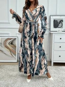 MDB Kadın Uzun Kollu Kruvaze Yakalı Beli Kuşaklı Desenli Süprem Maxi Elbise thumbnail 3