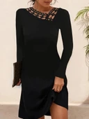 MDB Kadın Uzun Kollu Dantel Yaka Ithal Krep Mini Elbise thumbnail 2