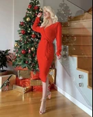 MDB Kadın Uzun Kollu Kruvaze Yaka Bağcık Detay Akrilik Mini Boy Elbise thumbnail 2