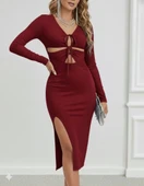 MDB Kadın Uzun Kollu Göğüs Ve Göbek Dekolte Detay Sandy Midi Boy Elbise thumbnail 3