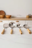 Bambum Mundo 4 Parça Bambu Saplı Çelik Mutfak Gereç Seti Çeyiz Seti Kaşık Kevgir Kepçe thumbnail 2