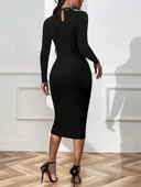 MDB Kadın Uzun Kollu Balıkçı Yaka Taşlı Damla Detay Midi Ithal Krep Elbise thumbnail 3