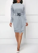 MDB Kadın Uzun Kollu Bisiklet Yaka Kuşaklı Iki Iplik Elbise thumbnail 2