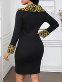 MDB Kadın Uzun Kollu V Yakalı Kürk Detaylı Kaşkorse Elbise thumbnail 3