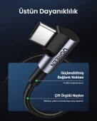 UGREEN USB-C 60W 3A QC PD 90 Derece Örgülü Hızlı Şarj Kalosu, 1 Metre, Siyah, 50123 - 6