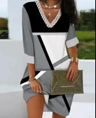 MDB Kadın Fakir Kollu V Dantel Yaka Geometrik Desenli Dalgıç Elbise thumbnail 2