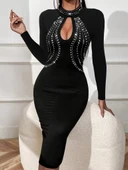 MDB Kadın Uzun Kollu Balıkçı Yaka Taşlı Damla Detay Midi Ithal Krep Elbise thumbnail 1