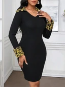 MDB Kadın Uzun Kollu V Yakalı Kürk Detaylı Kaşkorse Elbise thumbnail 1