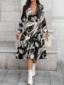 MDB Kadın Uzun Kollu Kruvaze Yakalı Yandan Bağlamalı Desenli Mini Modal Elbise thumbnail 2