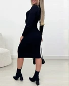 MDB Kadın Uzun Kollu Yırtmaçlı Düğme Detaylı Midi Kaşkorse Elbise thumbnail 3