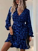 MDB Kadın Uzun Kollu Kruvaze Yaka Belden Kuşaklı çapraz Kesim Detaylı Leopar Modal Mini Elbise thumbnail 2