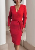 MDB Kadın Uzun Kollu Kruvaze Yaka Bağcık Detay Akrilik Mini Boy Elbise thumbnail 6