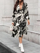 MDB Kadın Uzun Kollu Kruvaze Yakalı Yandan Bağlamalı Desenli Mini Modal Elbise thumbnail 3