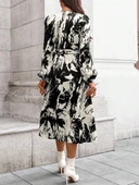 MDB Kadın Uzun Kollu Kruvaze Yakalı Yandan Bağlamalı Desenli Mini Modal Elbise thumbnail 4