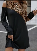 MDB Kadın Uzun Kollu Omuzdan Açık Leopar Desenli Viskon Iki Iplik Mini Elbise thumbnail 1