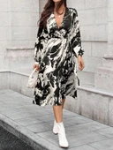 MDB Kadın Uzun Kollu Kruvaze Yakalı Yandan Bağlamalı Desenli Mini Modal Elbise thumbnail 6