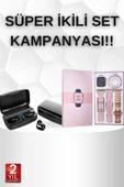 Wireless Şarjlı Pembe Akıllı Saat ve Kablosuz Bluetooth Kulaklık Dokunmatik Kontrol - 1