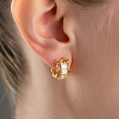 925 Ayar Gümüş Baget Taşlı Minimal Gold Halka Küpe - 1