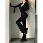 Lucky Life Kadın Uzun Kollu Kapşonlu Fermuarlı Kadife Tulum - 3