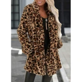 Lucky Life Kadın Uzun Kollu Yakalı Cepli Kısa Peluş Leopar Kaban thumbnail 2