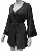 Bicomi Dantel İşlemeli İnce Askılı Siyah 2li Saten Gecelik Sabahlık Takımı thumbnail 2