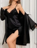 Bicomi Siyah Dantel İşlemeli İnce Askılı Yırtmaçlı 2li Saten Gecelik Sabahlık Takımı thumbnail 2