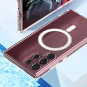 Samsung S22 Ultra Kılıf M-safe Şarj Özellikli Şeffaf Sert PC Embos Kapak thumbnail 3