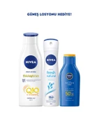 Nivea Q10 Sıkılaştırıcı Vücut Losyonu 250 ML+Fresh Kadın Sprey+Güneş Losyonu SPF50 100 ML thumbnail 1