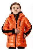 İrem Çocuk Giyim Erkek Çocuk Kolu Şerit Desenli Kapüşonu Sabit İçi Peluş Astarlı Fermuar Cepli Açık Kiremit Renk Mont - 1