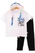 İrem Çocuk Giyim Kız Çocuk Make Me Smile Desenli Kapüşonlu Kaprili Takım Beyaz - 1