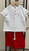 Cg Kids Kaktüs Nakışlı Müslin Hakim Yaka Gömlek Alt Ince Keten Kaktüs Baskılı Kırmızı Şort Erkek Çocuk Alt Üst Takım - 4