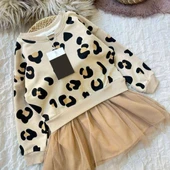 Leopar Desenli Kız Çocuk Tütü Etek Görünüm Üst Penye Mükemmel Kumaş Elbise - 2