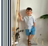 Cg Kids Hakim Yaka Gömlek Fitilli Alt Mavi Jean Kumaş Kot Şort Beli Lastikli Erkek Çocuk Alt Üst Takım - 1