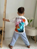 Cg Kids Ince Keten Çizgili Üst Pamuklu Sırt Baskı Detaylı Mükemmel Kaliteli Erkek Çocuk Alt Üst Takım - 3