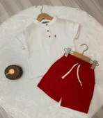 Cg Kids Kaktüs Nakışlı Müslin Hakim Yaka Gömlek Alt Ince Keten Kaktüs Baskılı Kırmızı Şort Erkek Çocuk Alt Üst Takım - 2