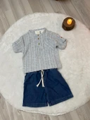 Cg Kids Hakim Yaka Gömlek Fitilli Alt Mavi Jean Kumaş Kot Şort Beli Lastikli Erkek Çocuk Alt Üst Takım - 2