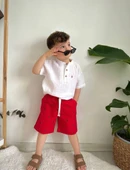 Cg Kids Kaktüs Nakışlı Müslin Hakim Yaka Gömlek Alt Ince Keten Kaktüs Baskılı Kırmızı Şort Erkek Çocuk Alt Üst Takım - 1