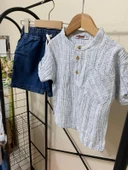 Cg Kids Hakim Yaka Gömlek Fitilli Alt Mavi Jean Kumaş Kot Şort Beli Lastikli Erkek Çocuk Alt Üst Takım - 3