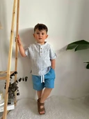 Cg Kids Hakim Yaka Gömlek Fitilli Alt Mavi Jean Kumaş Kot Şort Beli Lastikli Erkek Çocuk Alt Üst Takım - 4