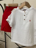 Cg Kids Kaktüs Nakışlı Müslin Hakim Yaka Gömlek Alt Ince Keten Kaktüs Baskılı Kırmızı Şort Erkek Çocuk Alt Üst Takım - 5