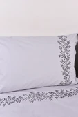 Yaprak İşlemeli Çift Kişilik Nevresim Takımı Gri %100 Pamuk thumbnail 3