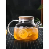 Vakumlu Bambu-Metal Kapak Isıya Dayanıklı Borosilikat Cam Demlik, Süzgeçli (1000 Ml) Teapot - 1