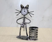 Metal Saksafon Çalan Müzisyen Kedi Saat Ve Kalemlik - 1