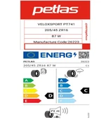 Petlas 205/45 R16 TL 87W REINF. VELOX SPORT PT741 Yaz Lastiği (Üretim Tarihi:2025) thumbnail 2