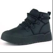 Erkan Saçmacı Siyah Vegan Kürk Astarlı Bağcıklı Yuvarlak Burun Flatform Taban Günlük Bot - 1